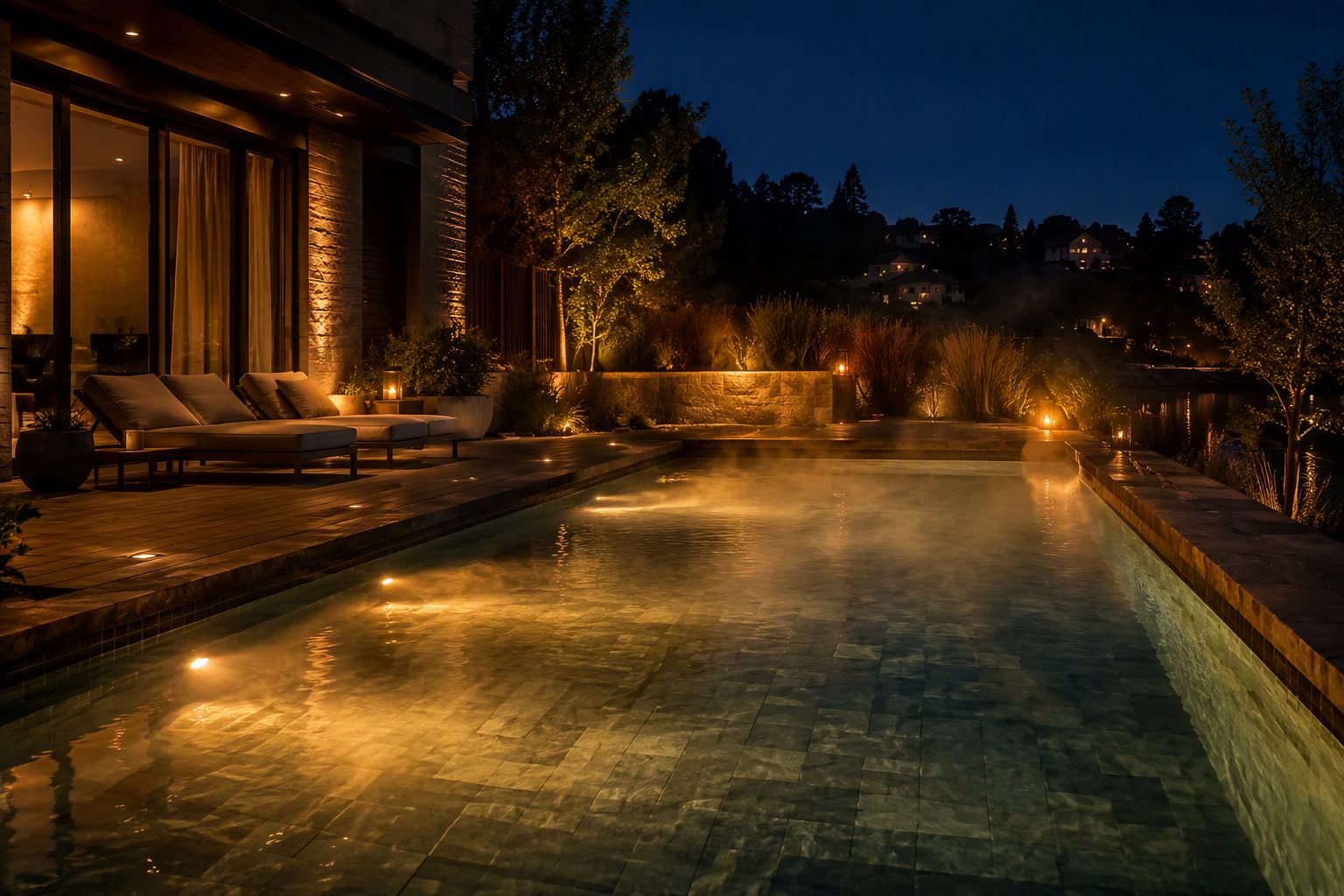 Piscina aquecida com iluminação à noite