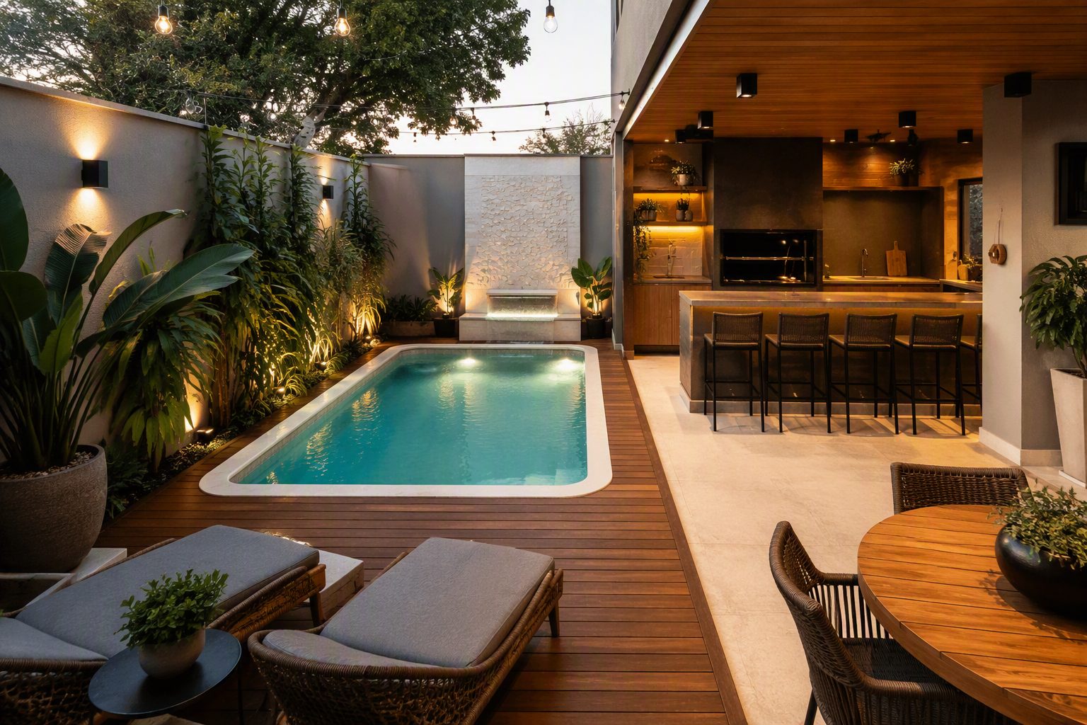 Piscina compacta em área gourmet