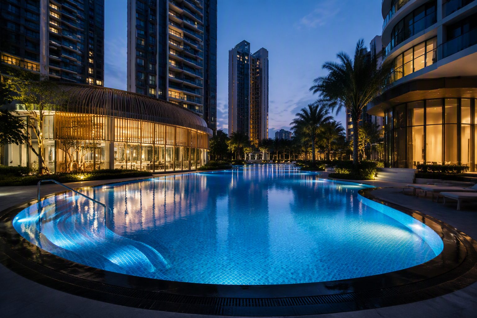 Piscina de condomínio com iluminação